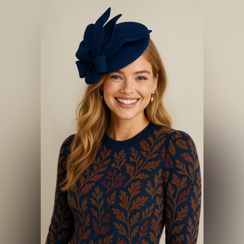 Navy Blue Fascinator with Flower Accent Wool Felt Pillbox Hat Headwear Formal